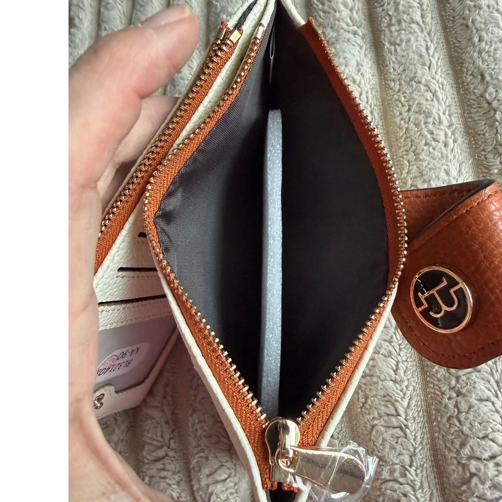 Bostanten Slim Bifold Wallet Cream Cognac Pebbled‎ Vegan Leather Zip Card Case
